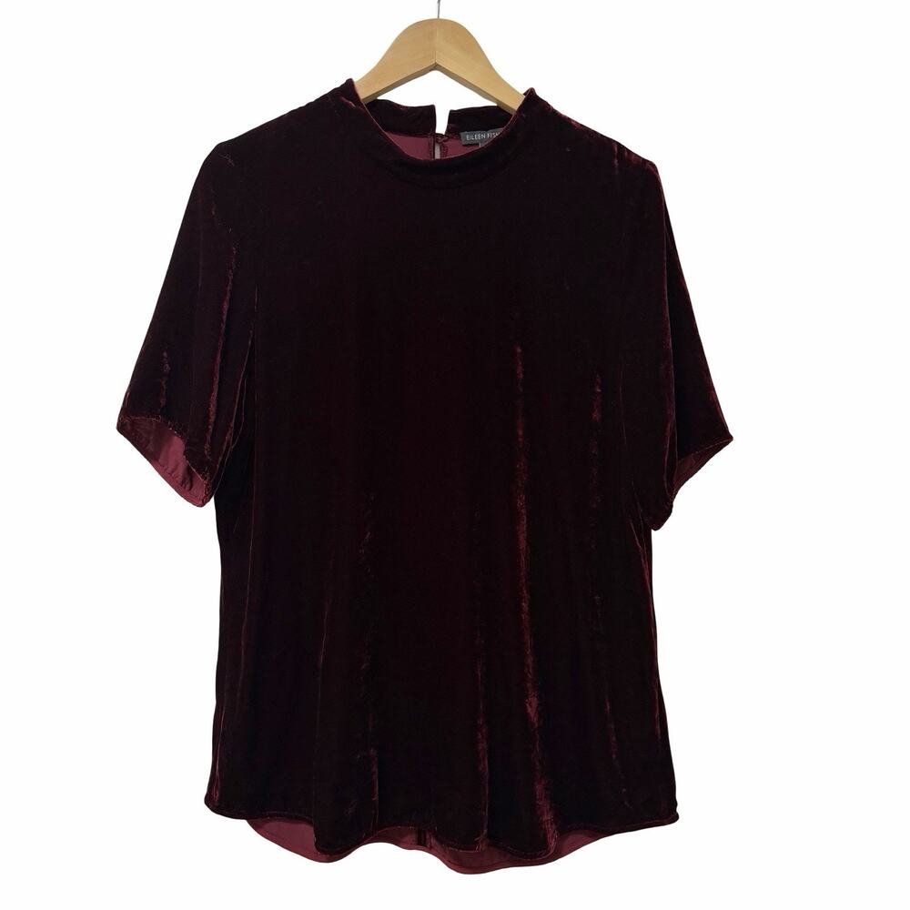 Eileen Fisher Velvet Short Sleeve Silk Blend Blouse Size M Maroon Red Whimsigoth